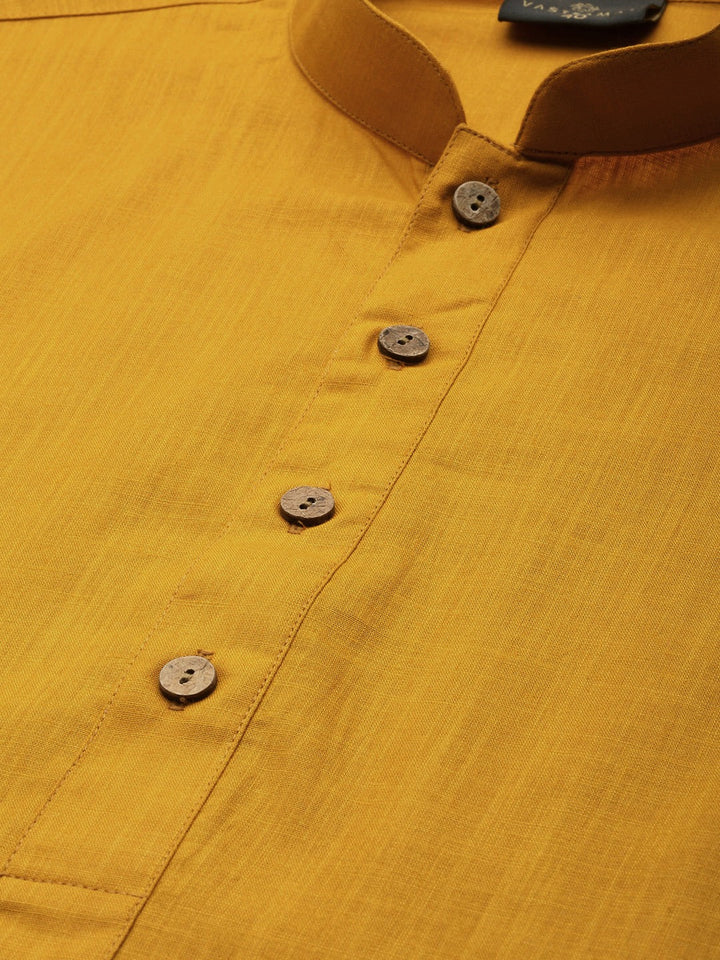 VASTRAMAY Men's Mustard Cotton Kurta And Mundu Set