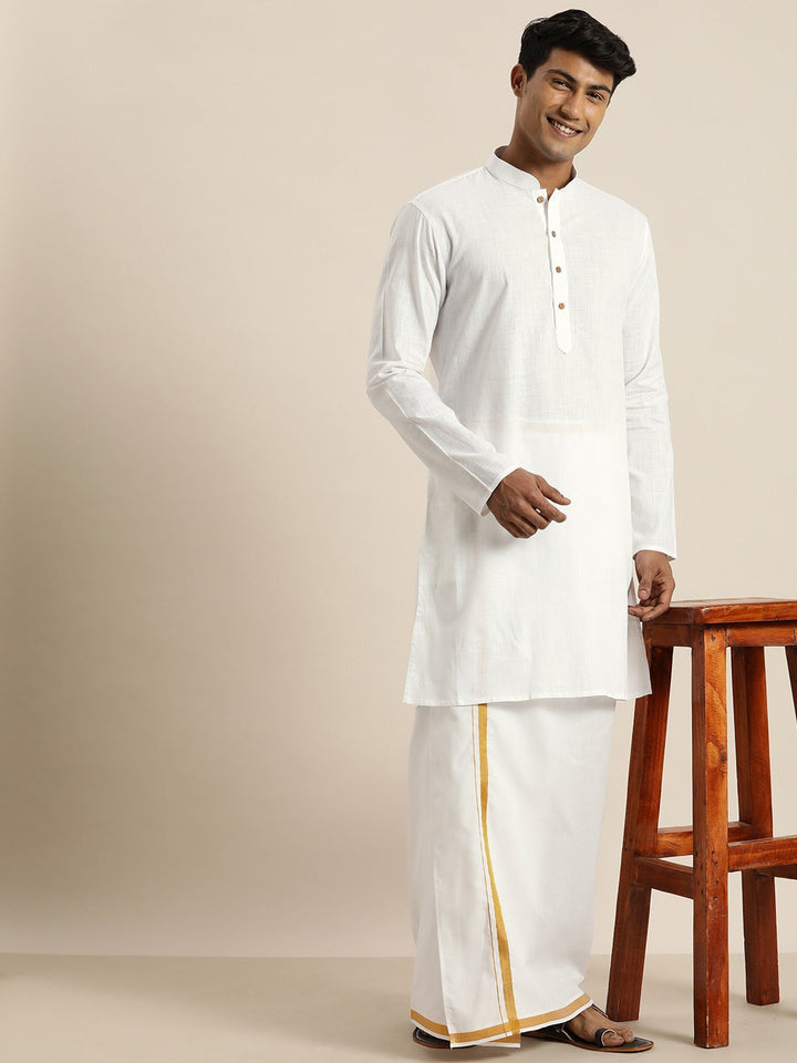 VASTRAMAY Men's White Cotton Kurta And Mundu Set