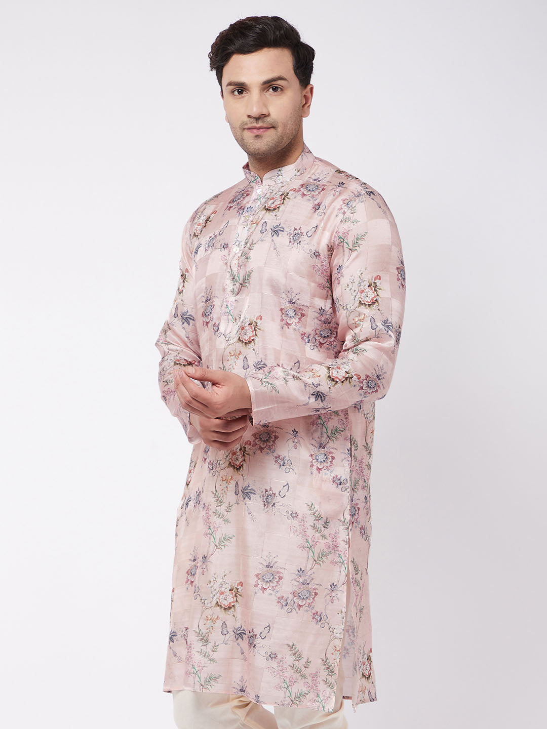 VASTRAMAY Men's Pink Floral Printed Silk Blend Kurta