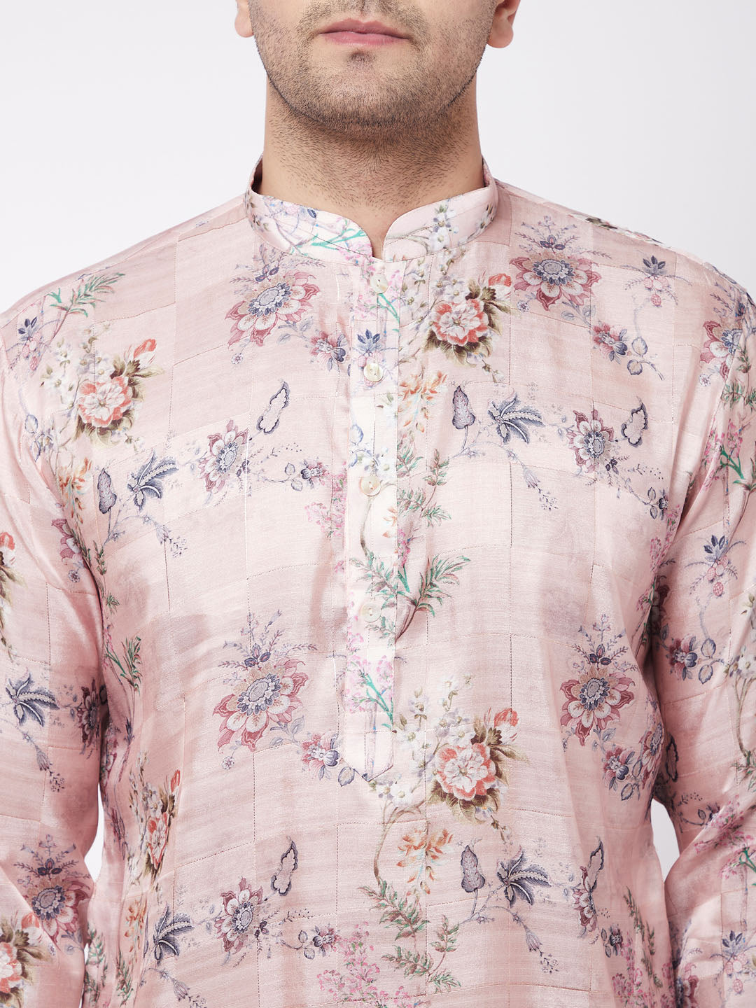 VASTRAMAY Men's Pink Floral Printed Silk Blend Kurta