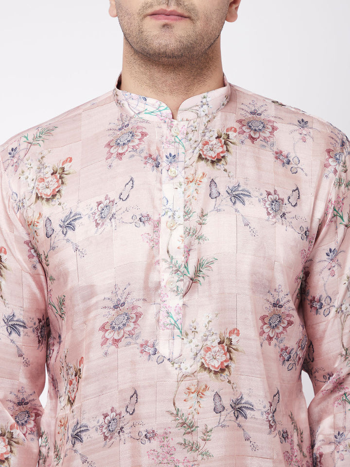 VASTRAMAY Men's Pink Floral Printed Silk Blend Kurta