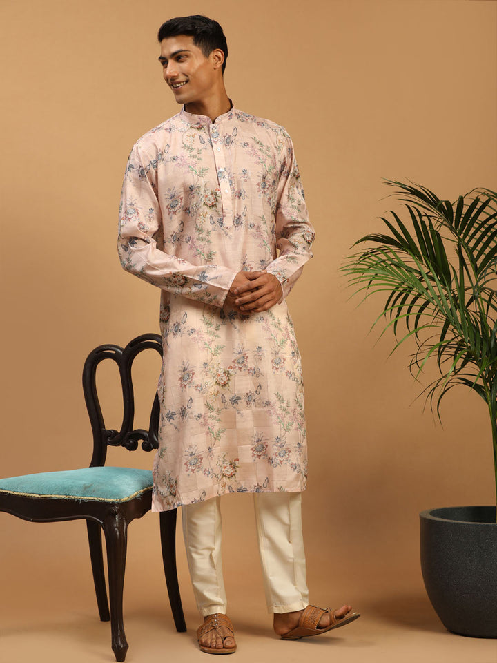 VASTRAMAY Men's Pink Floral Printed Silk Blend Kurta With Cream Solid Viscose Pant Set