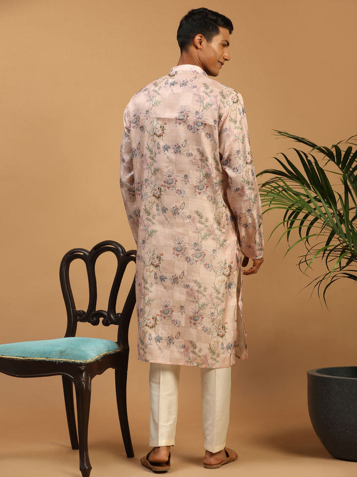 VASTRAMAY Men's Pink Floral Printed Silk Blend Kurta With Cream Solid Viscose Pant Set