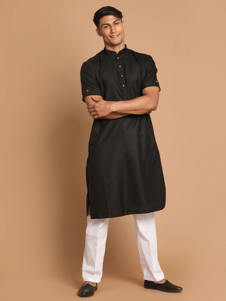 VM By VASTRAMAY Men's Black Solid Kurta with White  Pyjamas