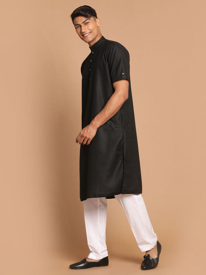 VM By VASTRAMAY Men's Black Solid Kurta with White  Pyjamas