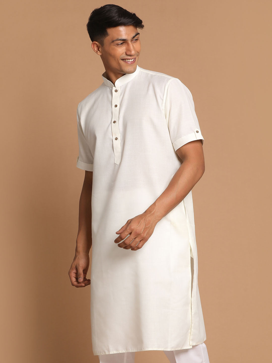 VM BY VASTRAMAY Men's Cream Solid Kurta