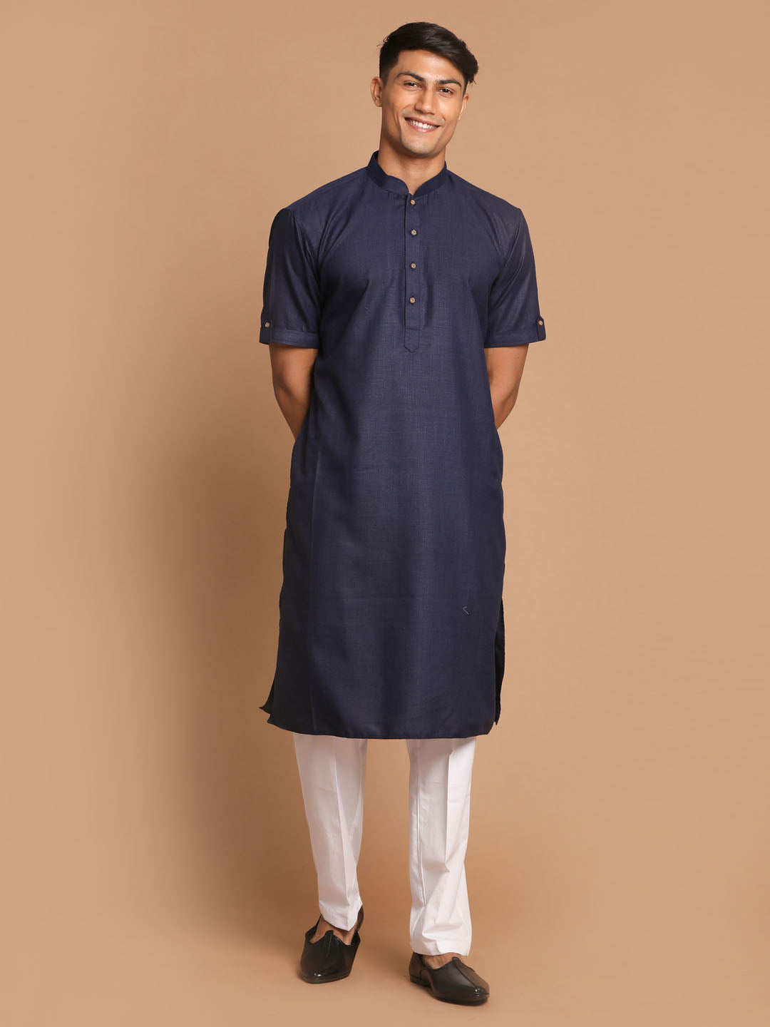 VM By VASTRAMAY Men's Navy Blue  Solid Kurta with White  Pyjama Set