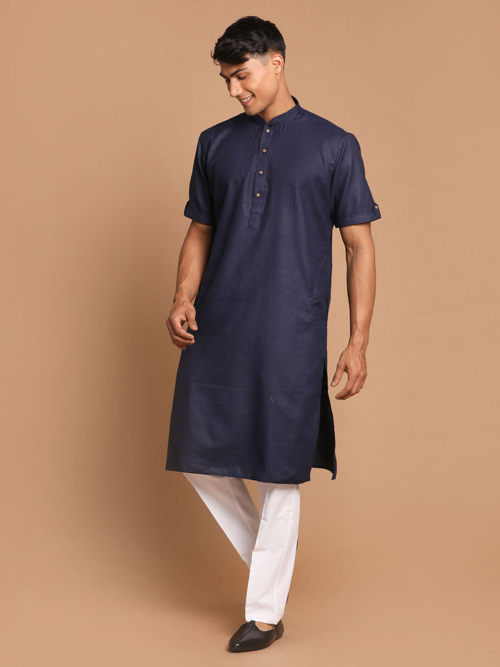 VM By VASTRAMAY Men's Navy Blue  Solid Kurta with White  Pyjama Set