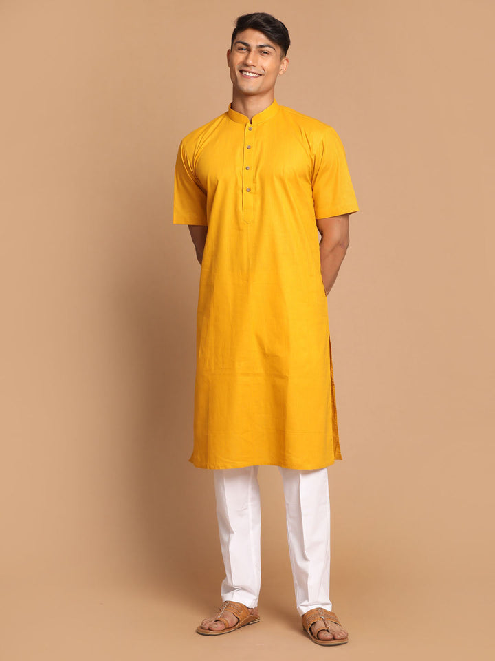 VASTRAMAY Men's Mustard Solid Kurta with Pyjama Set