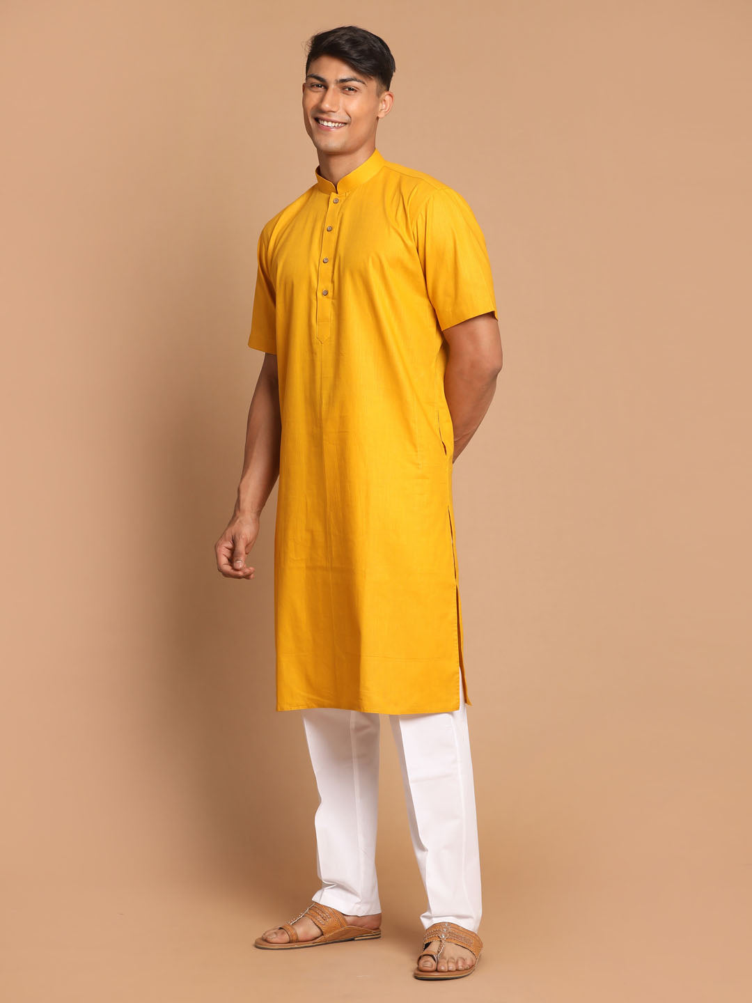 VASTRAMAY Men's Mustard Solid Kurta with Pyjama Set