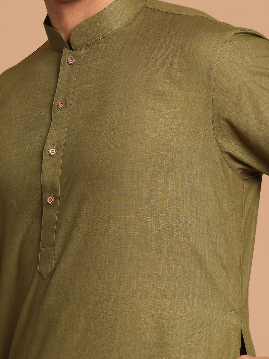 VASTRAMAY Men's Olive Green Cotton Kurta And Mundu Set