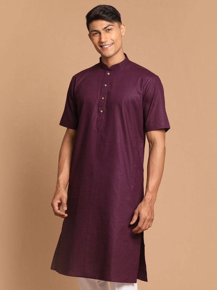 VASTRAMAY Men's Purple Solid Kurta with Mandarin Collar and Full Sleeves