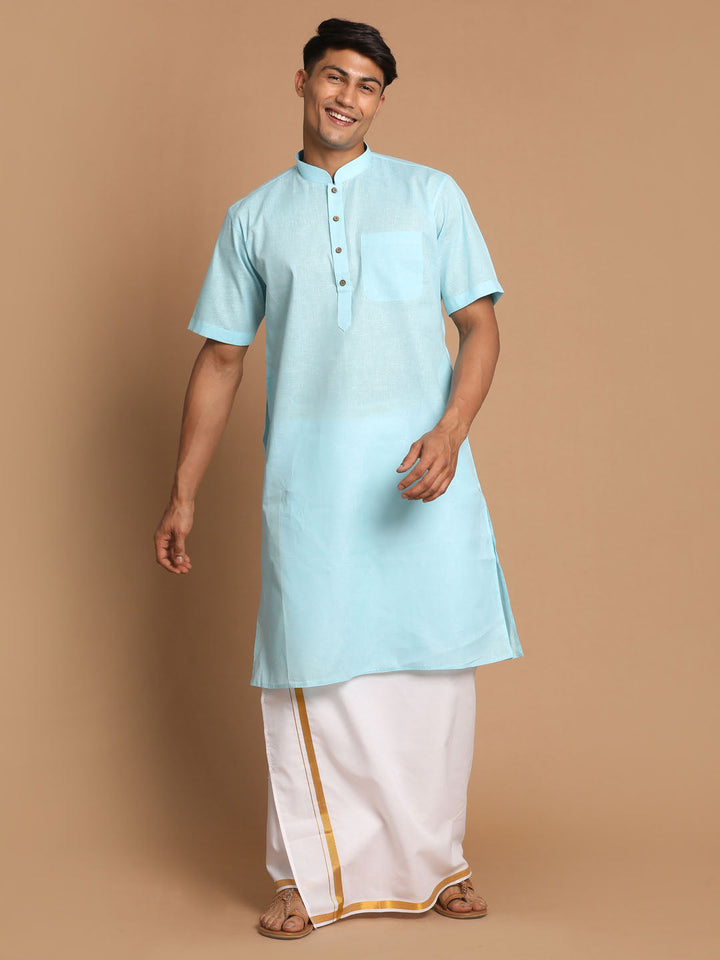 VM By VASTRAMAY Men's Aqua Blue Cotton Kurta And Mundu Set