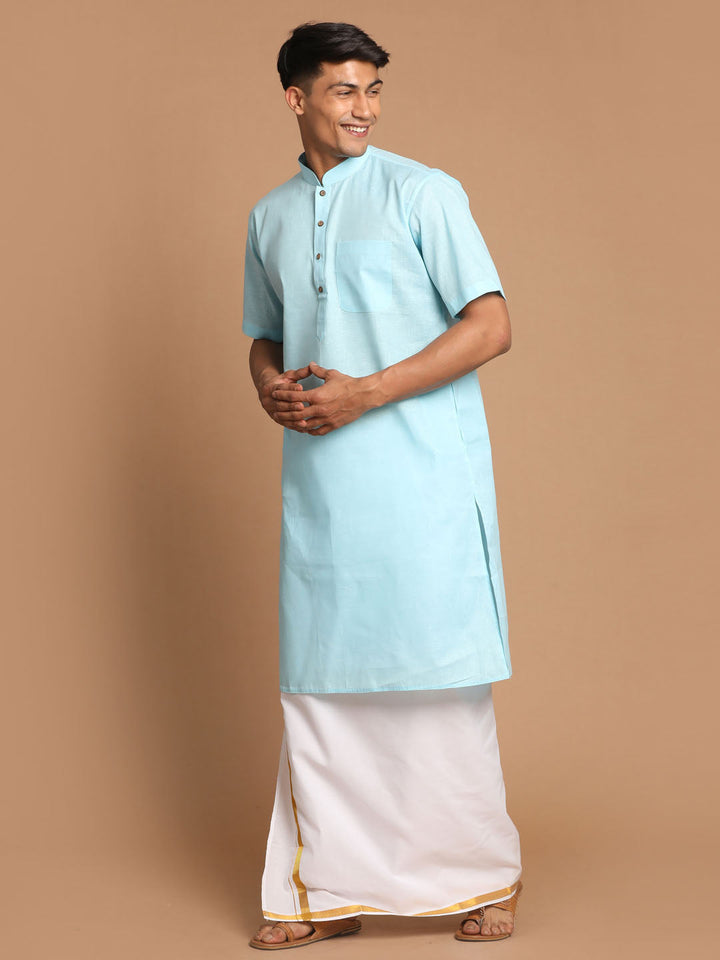 VM By VASTRAMAY Men's Aqua Blue Cotton Kurta And Mundu Set