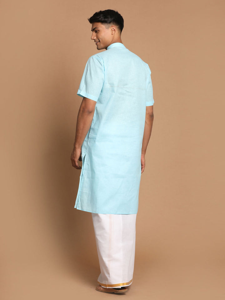 VM By VASTRAMAY Men's Aqua Blue Cotton Kurta And Mundu Set