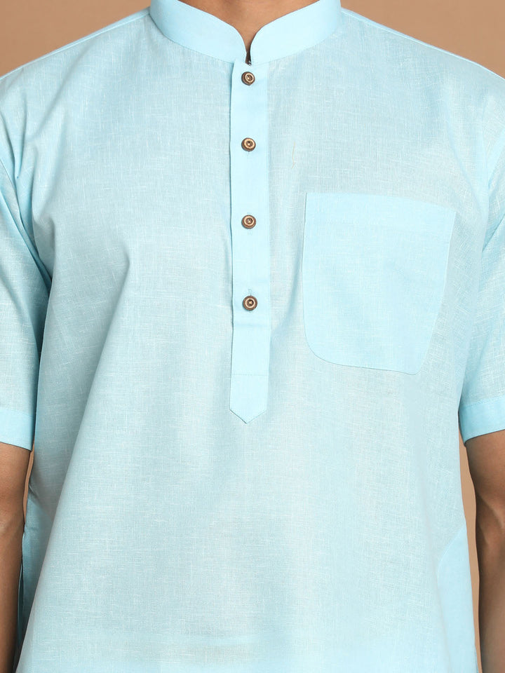 VM By VASTRAMAY Men's Aqua Blue Cotton Kurta And Mundu Set