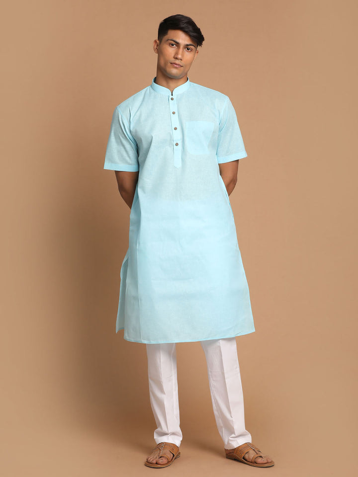 VM BY VASTRAMAY Men's Blue  Solid Kurta with White Pyjama