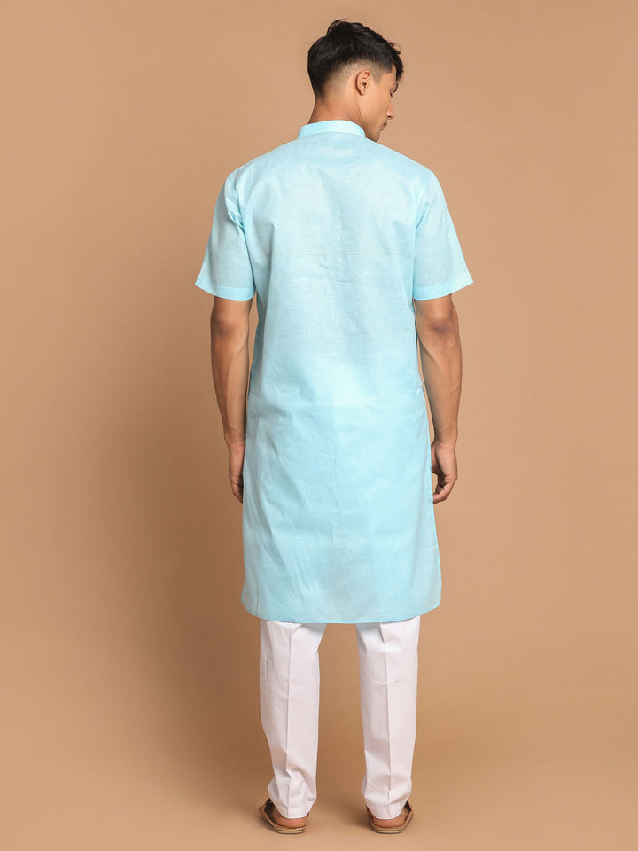 VM BY VASTRAMAY Men's Blue  Solid Kurta with White Pyjama