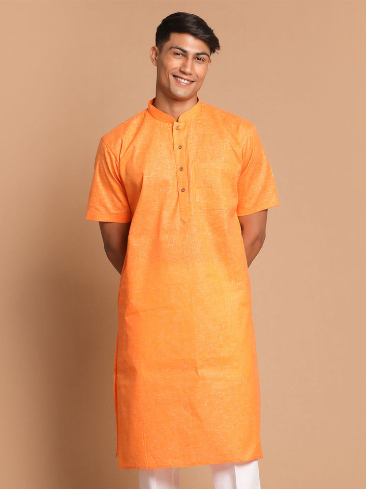 VM By VASTRAMAY Men's Orange Cotton Blend Solid Kurta