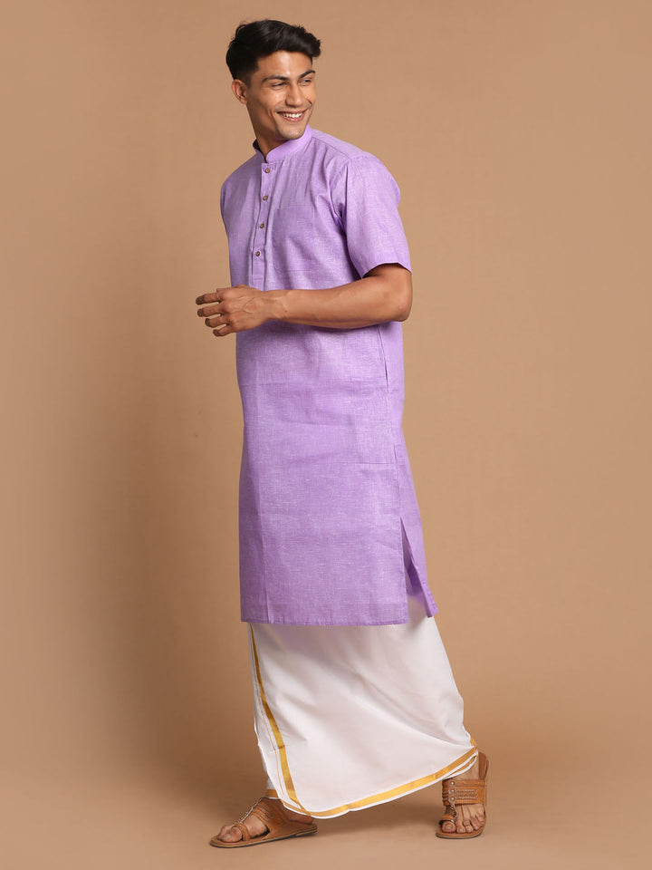 VM By VASTRAMAY Men's Purple Cotton Kurta And Mundu Set