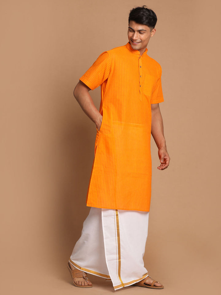 VASTRAMAY Men's Orange Striped Cotton Kurta And Mundu Set