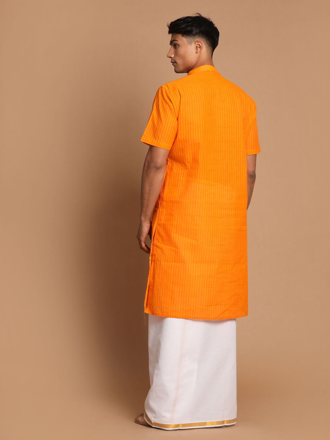 VASTRAMAY Men's Orange Striped Cotton Kurta And Mundu Set