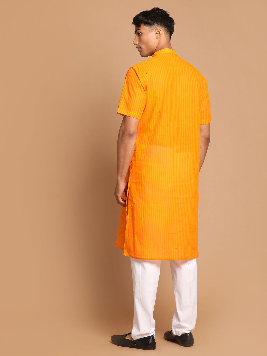 VASTRAMAY Men's Orange Striped Cotton Kurta With Pyjama Set