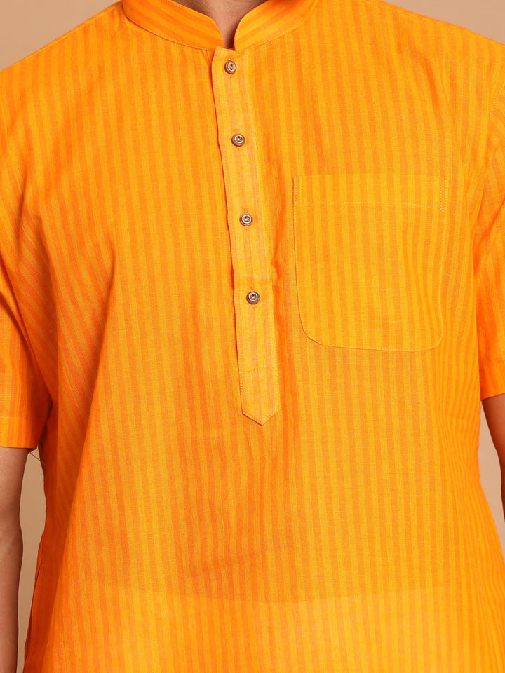 VASTRAMAY Men's Orange Striped Cotton Kurta With Pyjama Set