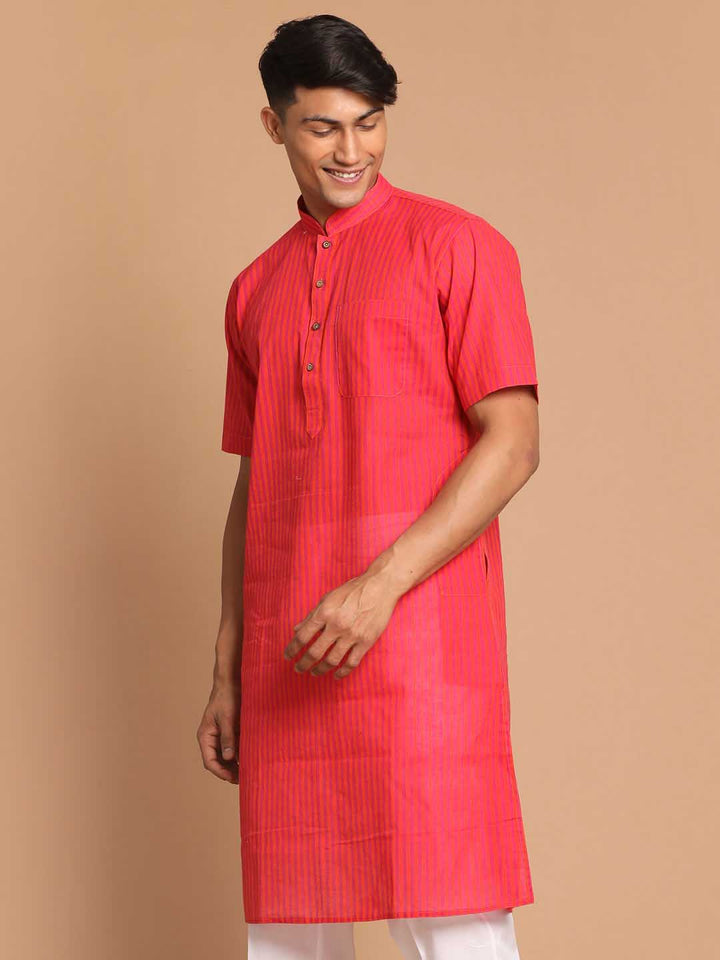 VASTRAMAY Men's Pink Color Striped Kurta