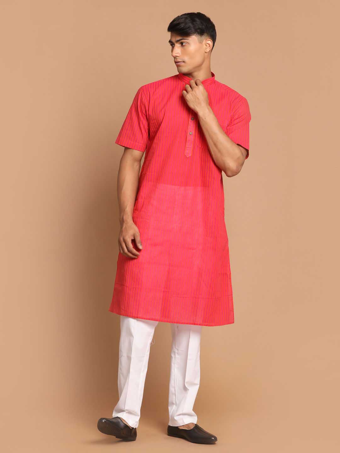 VASTRAMAY Men's Pink Color Striped Kurta