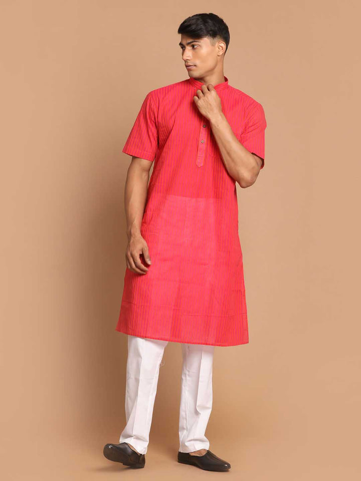 VASTRAMAY Men's Pink Color Striped Kurta