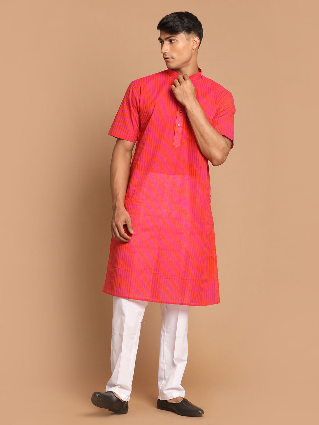 VASTRAMAY Men's Pink Striped Cotton Kurta With White Pyjama Set