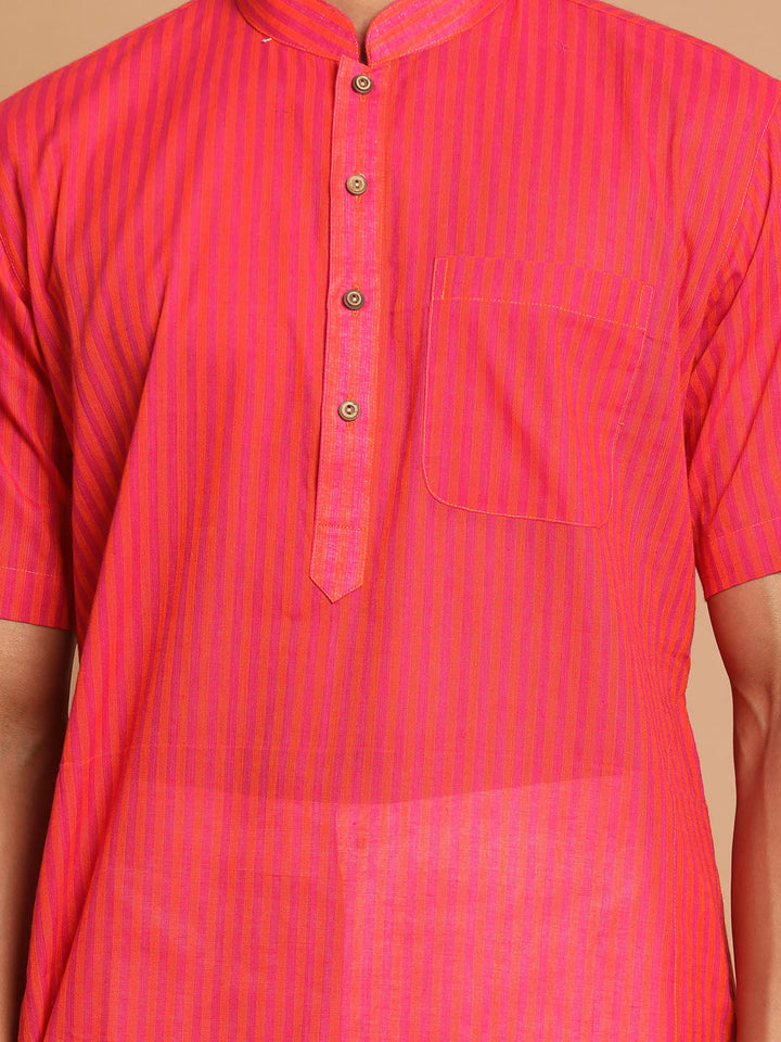 VASTRAMAY Men's Pink Striped Cotton Kurta With White Pyjama Set