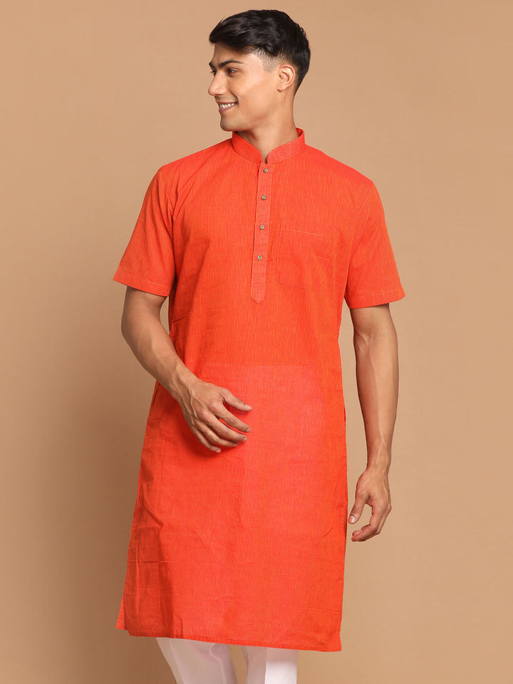 VASTRAMAY Men's Orange Striped Pure Cotton Kurta