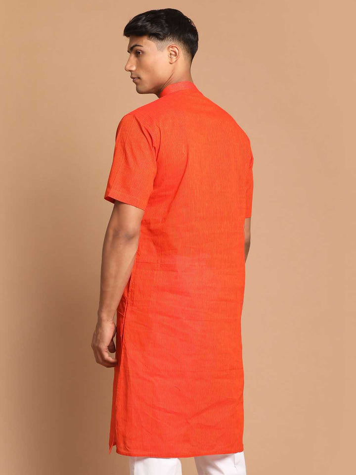 VASTRAMAY Men's Orange Striped Pure Cotton Kurta