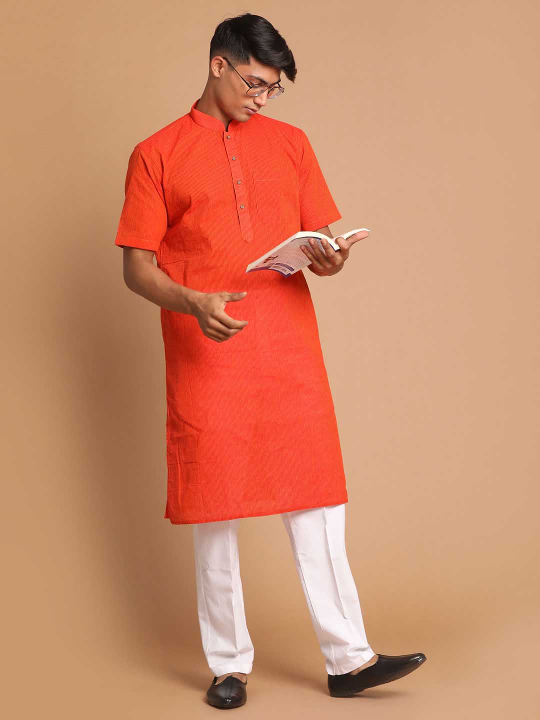 VASTRAMAY Men's Orange Striped Pure Cotton Kurta