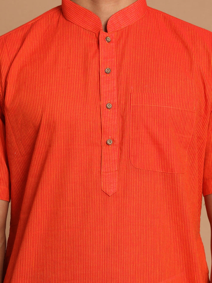 VASTRAMAY Men's Orange Pure Cotton Striped Kurta And Mundu Set