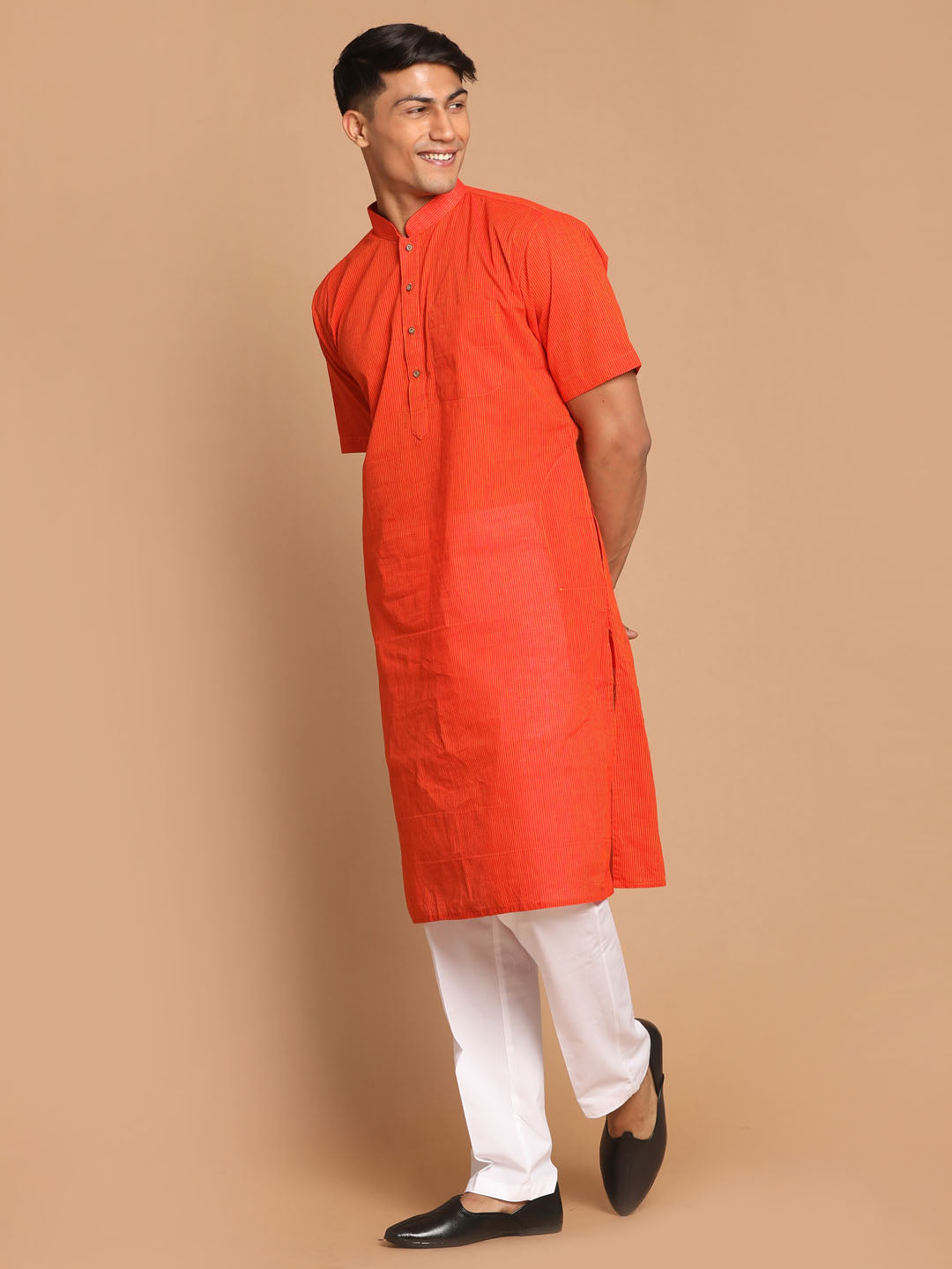 VASTRAMAY Men's Orange Striped Pure Cotton Kurta with Pyjamas