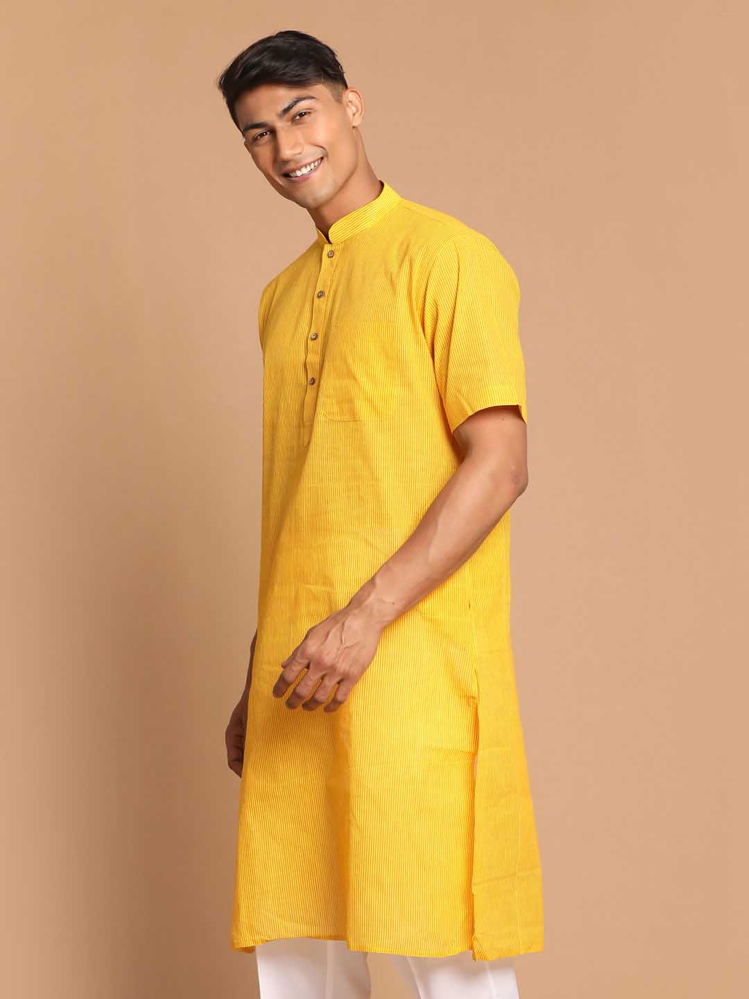 VASTRAMAY Men's Yellow Striped Pure Cotton Kurta