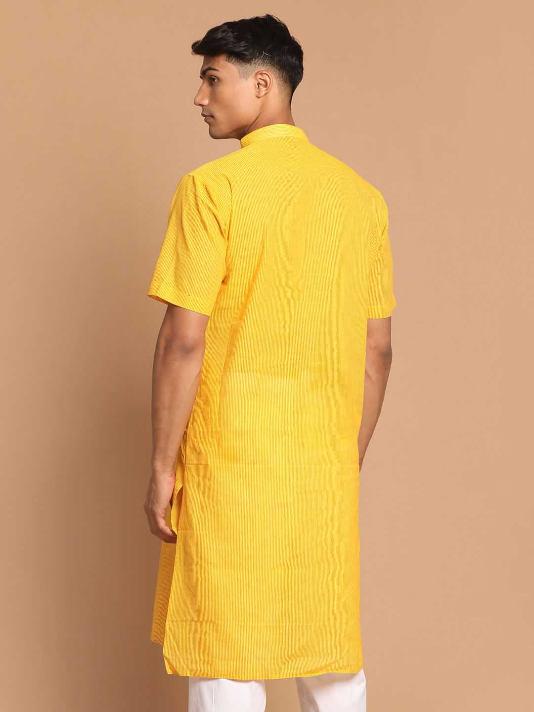 VASTRAMAY Men's Yellow Striped Pure Cotton Kurta