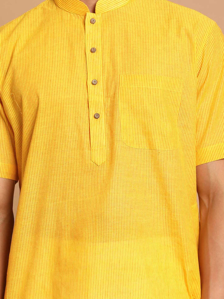 VASTRAMAY Men's Yellow Striped Pure Cotton Kurta