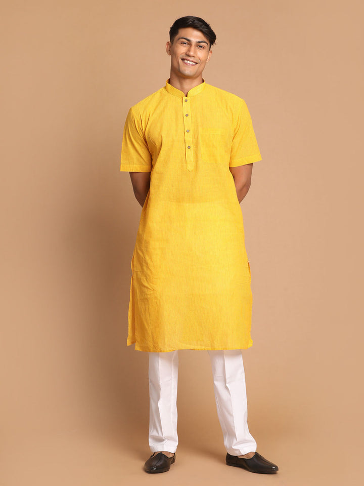 VASTRAMAY Men's Yellow Striped Pure Cotton Kurta with Pant