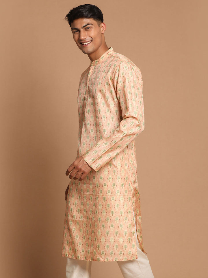 VASTRAMAY Men's Pink Silk Blend Printed Kurta