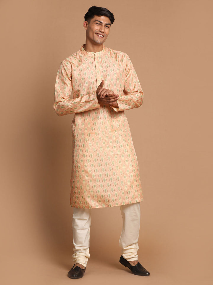 VASTRAMAY Men's Pink Silk Blend Printed Kurta