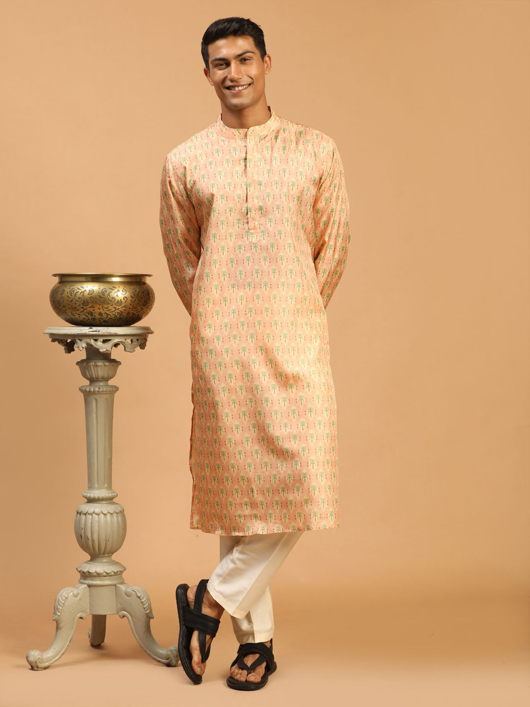 VASTRAMAY Men's Pink Silk Blend Printed Kurta With Cream Viscose Pant Set