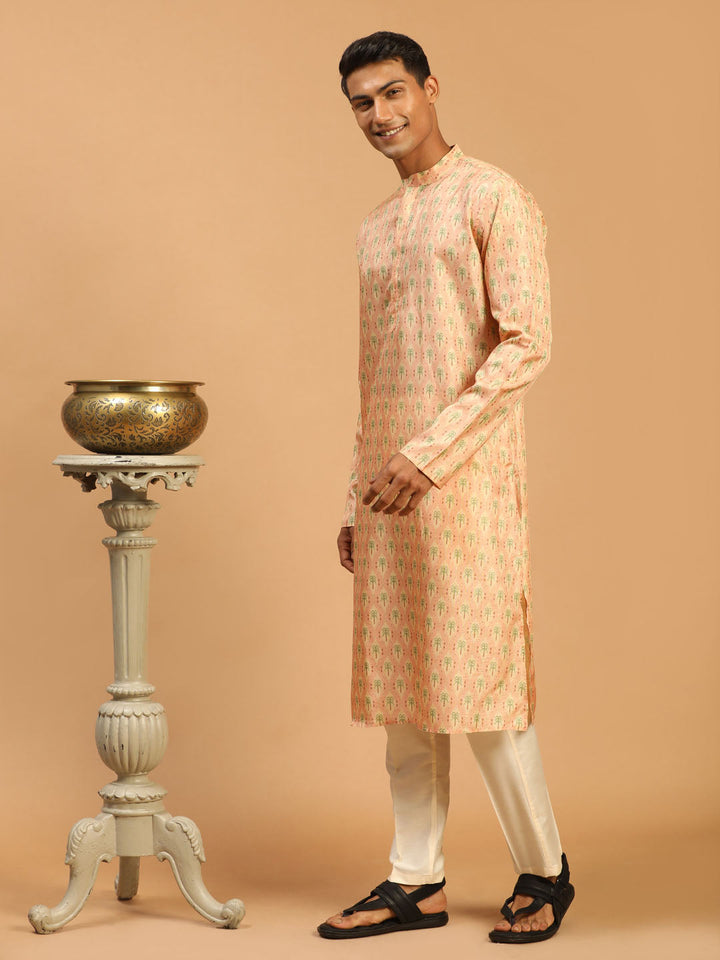 VASTRAMAY Men's Pink Silk Blend Printed Kurta With Cream Viscose Pant Set