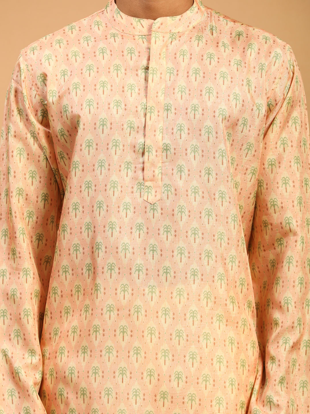 VASTRAMAY Men's Pink Silk Blend Printed Kurta With Cream Viscose Pant Set