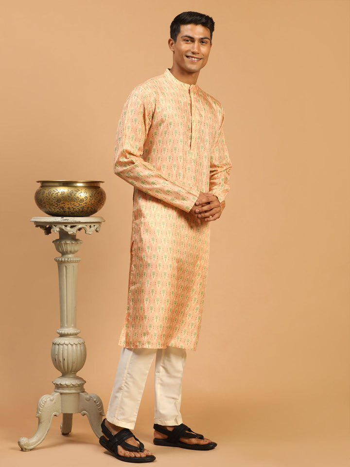 VASTRAMAY Men's Pink Silk Blend Printed Kurta With Cream Viscose Pant Set