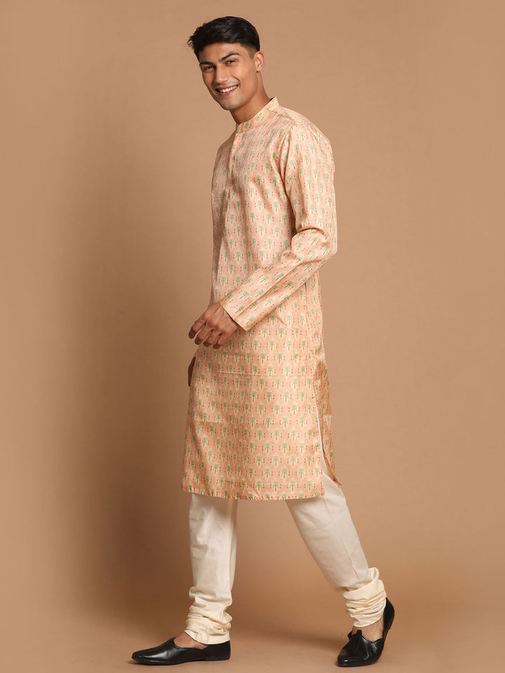 VASTRAMAY Men's Pink Silk Blend Printed Kurta with Cream Pyjama Set