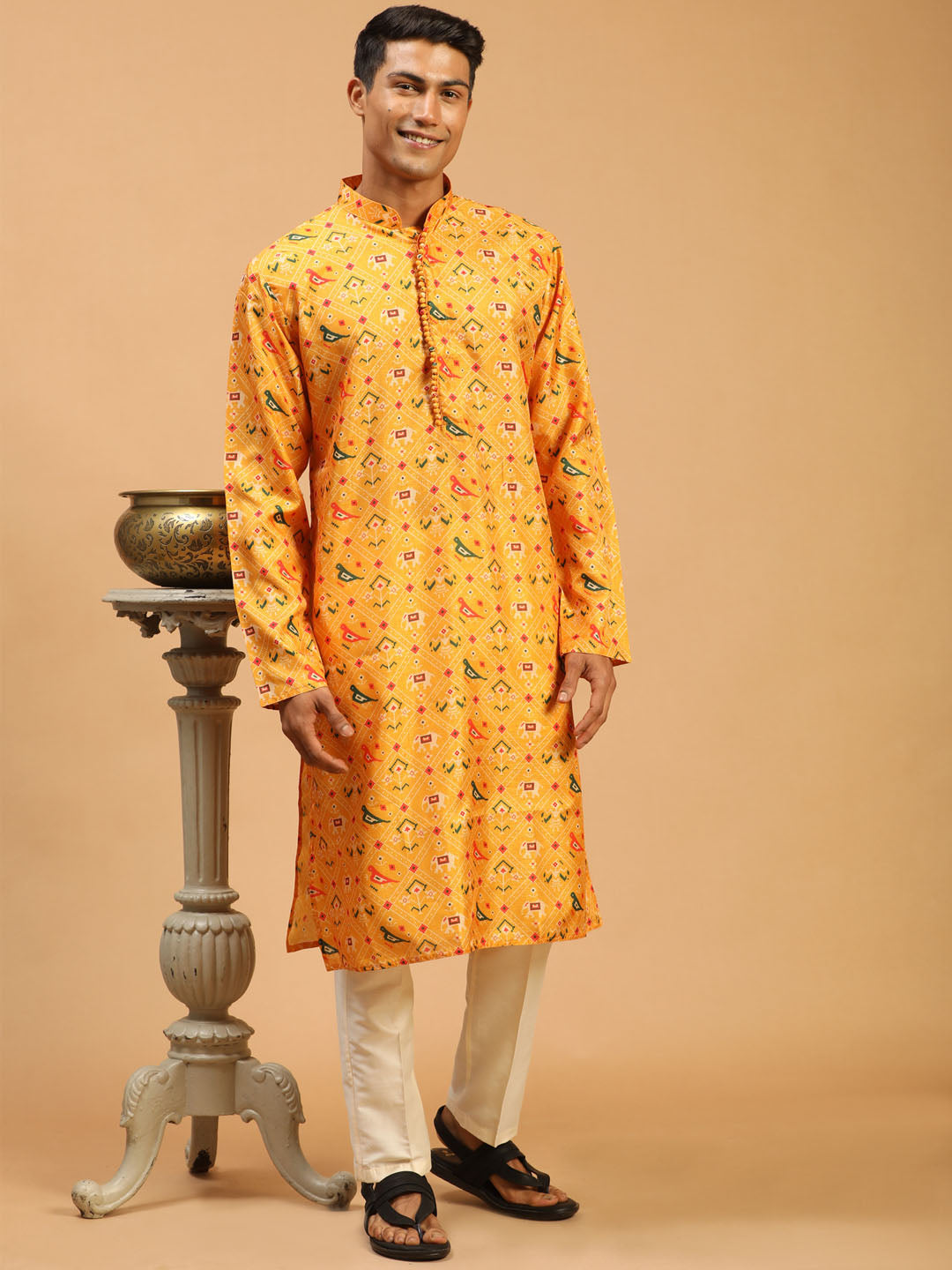 VASTRAMAY Men's Yellow Silk Blend Ethnic Kurta With Cream Viscose Pant Set